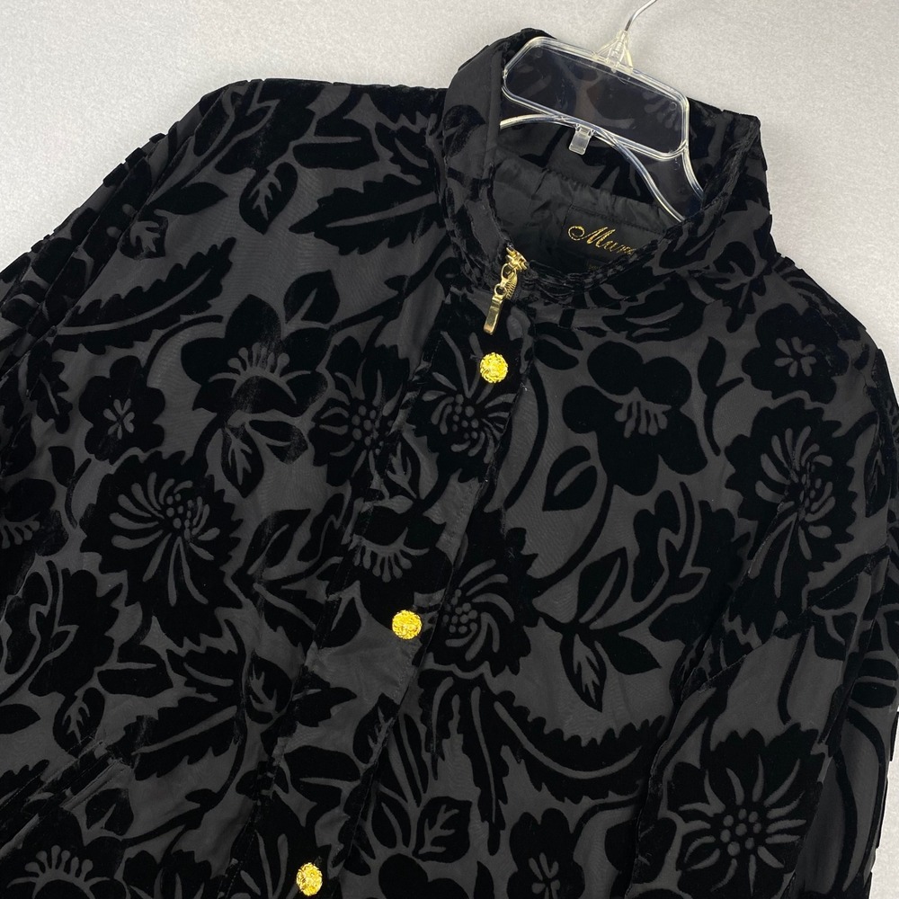 Mureli‎ Vintage Black Silk Rayon Velvet Burnout Floral Jacket Gold Buttons Large